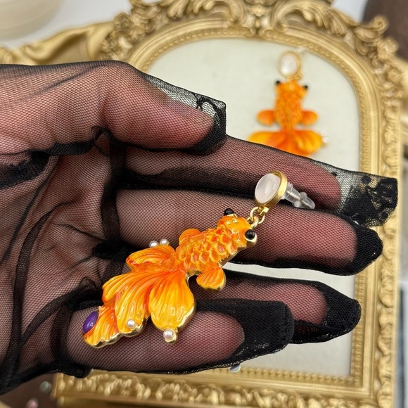 Statement Goldfish Earrings – Hand-Painted Enamel & Pearl Detail - Picture 6 of 10